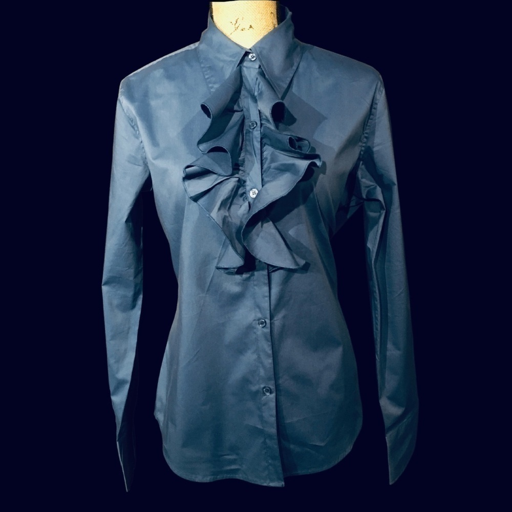 NINETY Pre-owned Stretchy Fitted RUFFLE Blouse, FRENCH BLUE; Size 14